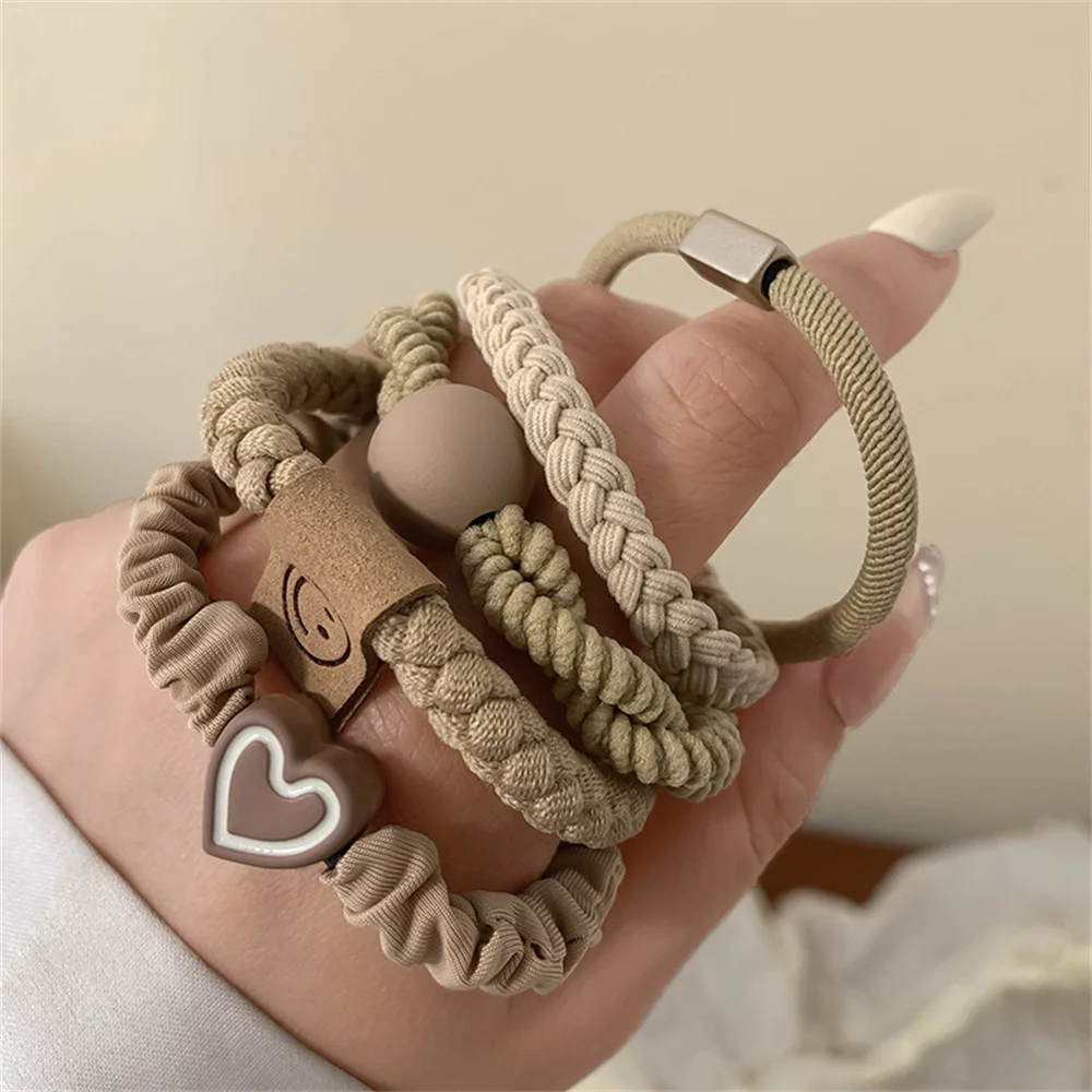 5pcs/Set Mixed Styles Hair Ties High Elastic Heart Shaped Rubber Band Women Girl No-Damage Ponytail Holder Scrunchies