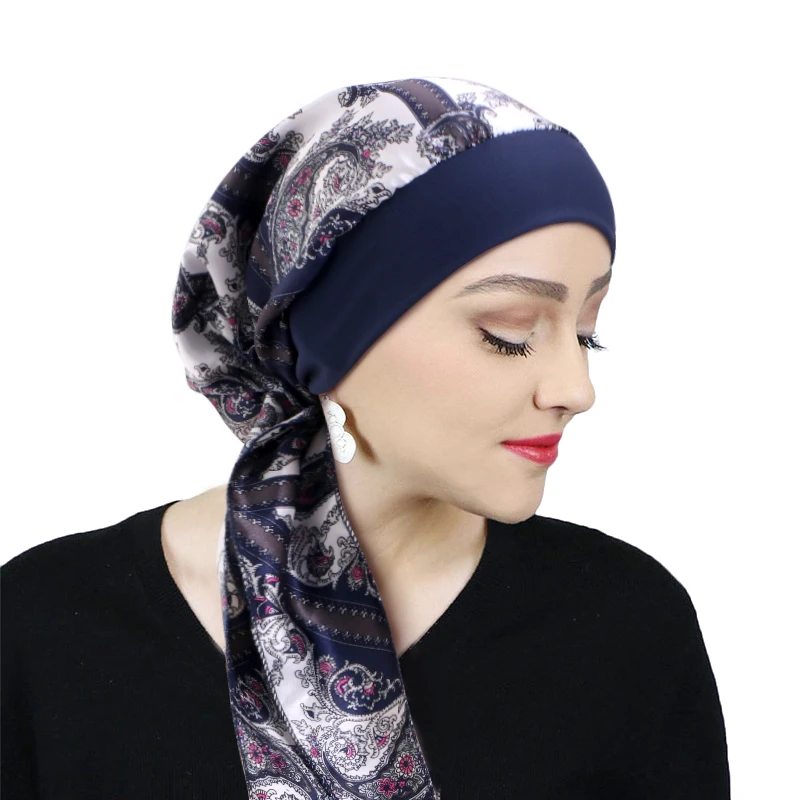 Printed Pre-tie Headscarf Women Elastic Muslim Female Turban Cancer Chemo Hat Hair Loss Cover Head Wrap Headwear Stretch Bandana