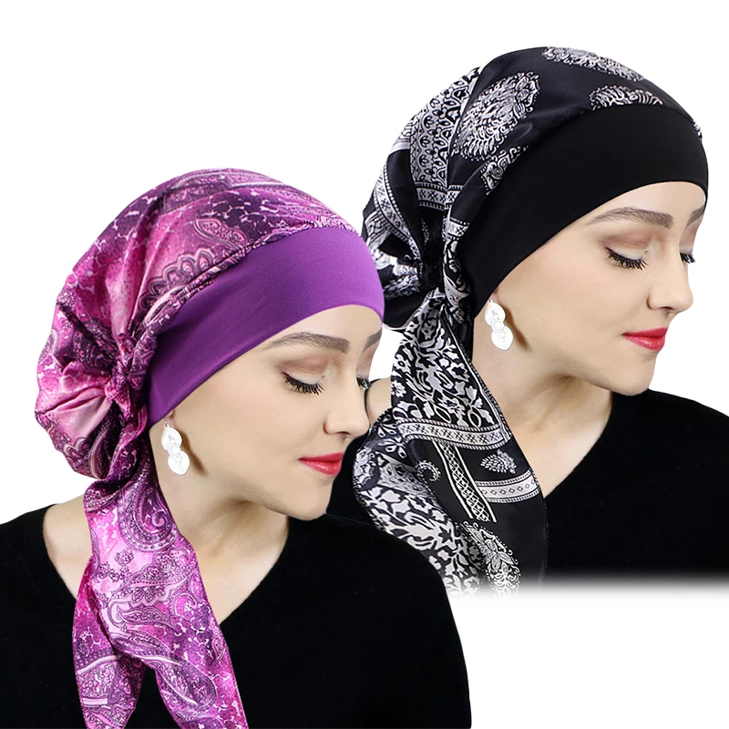 Printed Pre-tie Headscarf Women Elastic Muslim Female Turban Cancer Chemo Hat Hair Loss Cover Head Wrap Headwear Stretch Bandana