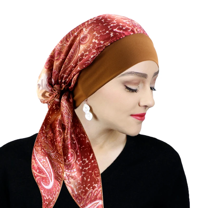 Printed Pre-tie Headscarf Women Elastic Muslim Female Turban Cancer Chemo Hat Hair Loss Cover Head Wrap Headwear Stretch Bandana