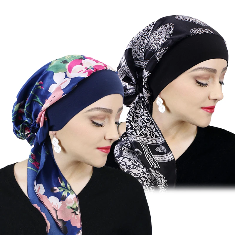 Printed Pre-tie Headscarf Women Elastic Muslim Female Turban Cancer Chemo Hat Hair Loss Cover Head Wrap Headwear Stretch Bandana