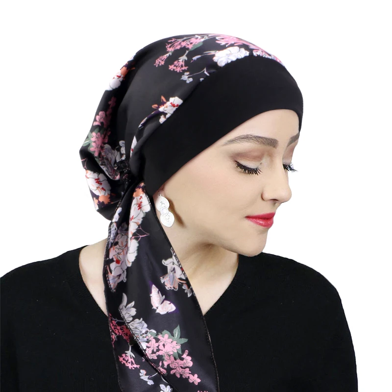 Printed Pre-tie Headscarf Women Elastic Muslim Female Turban Cancer Chemo Hat Hair Loss Cover Head Wrap Headwear Stretch Bandana