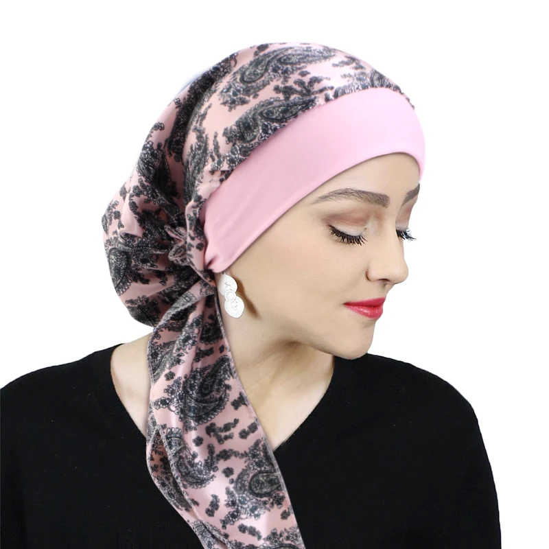 Printed Pre-tie Headscarf Women Elastic Muslim Female Turban Cancer Chemo Hat Hair Loss Cover Head Wrap Headwear Stretch Bandana