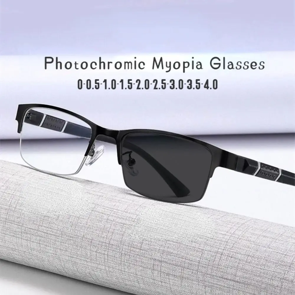 Business Men's Photochromic Myopia Glasses Unisex Half Frame Square Near Sight Eyeglasses Optical Prescription Minus Eyewear