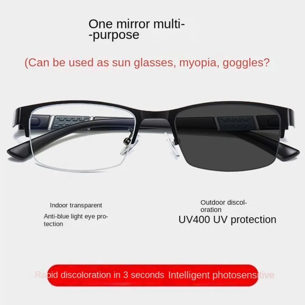 Business Men's Photochromic Myopia Glasses Unisex Half Frame Square Near Sight Eyeglasses Optical Prescription Minus Eyewear