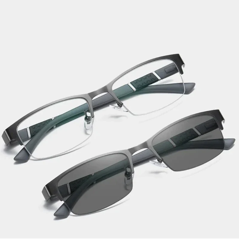 Business Men's Photochromic Myopia Glasses Unisex Half Frame Square Near Sight Eyeglasses Optical Prescription Minus Eyewear