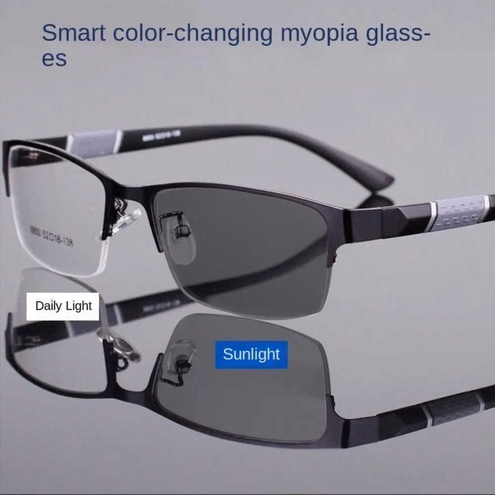 Business Men's Photochromic Myopia Glasses Unisex Half Frame Square Near Sight Eyeglasses Optical Prescription Minus Eyewear