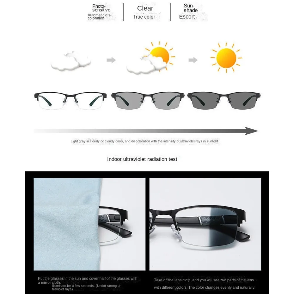 Business Men's Photochromic Myopia Glasses Unisex Half Frame Square Near Sight Eyeglasses Optical Prescription Minus Eyewear
