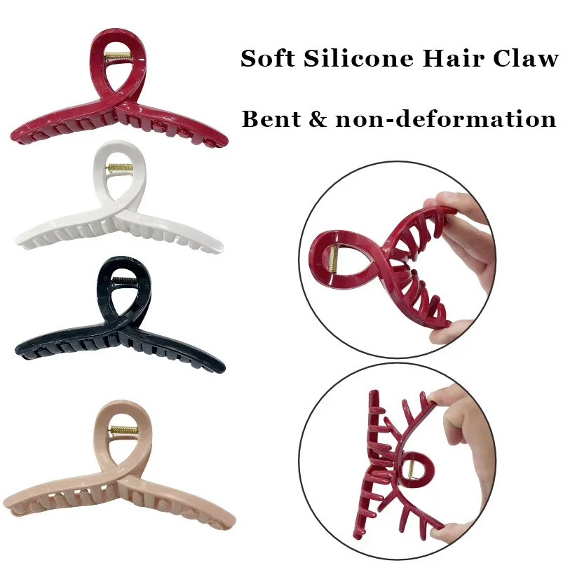 13cm Large Cross Safe Soft Silicone Hair Claw Clips Women's High Elastic Shark Grip Deformable Anti Collision Hair Accessories K