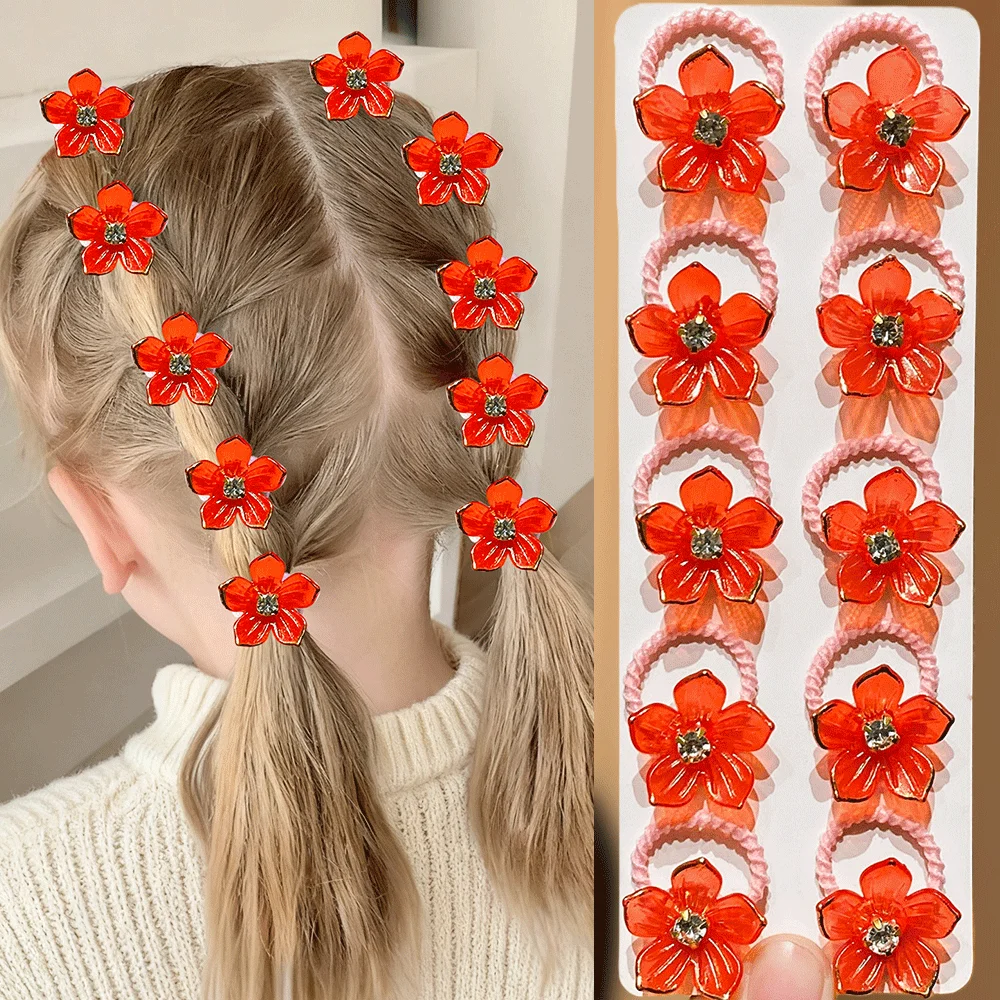 10pcs Girls Elastic Hair Bands with Rhinestone And Flower Decorations High Elasticity Durable Hair Ties for Outdoors And Braidin