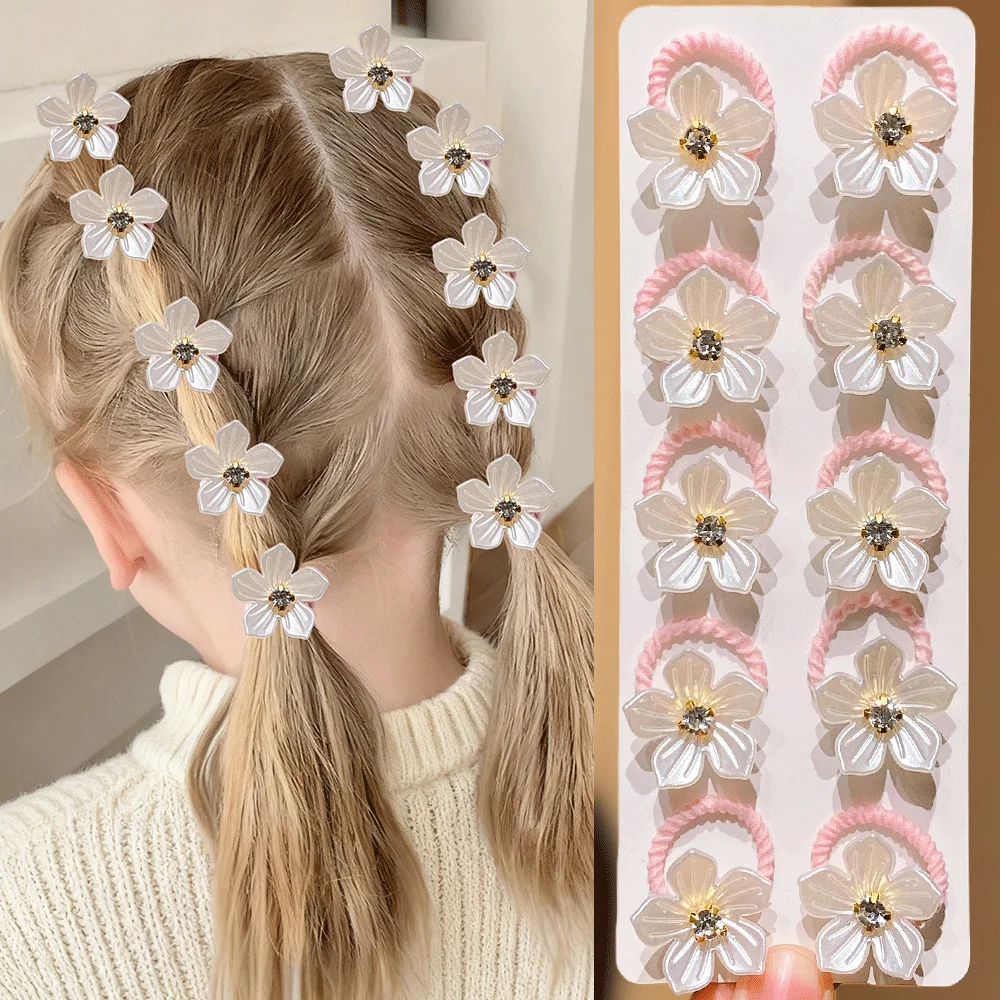 10pcs Girls Elastic Hair Bands with Rhinestone And Flower Decorations High Elasticity Durable Hair Ties for Outdoors And Braidin
