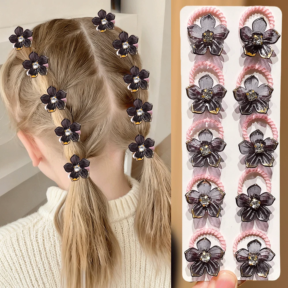 10pcs Girls Elastic Hair Bands with Rhinestone And Flower Decorations High Elasticity Durable Hair Ties for Outdoors And Braidin