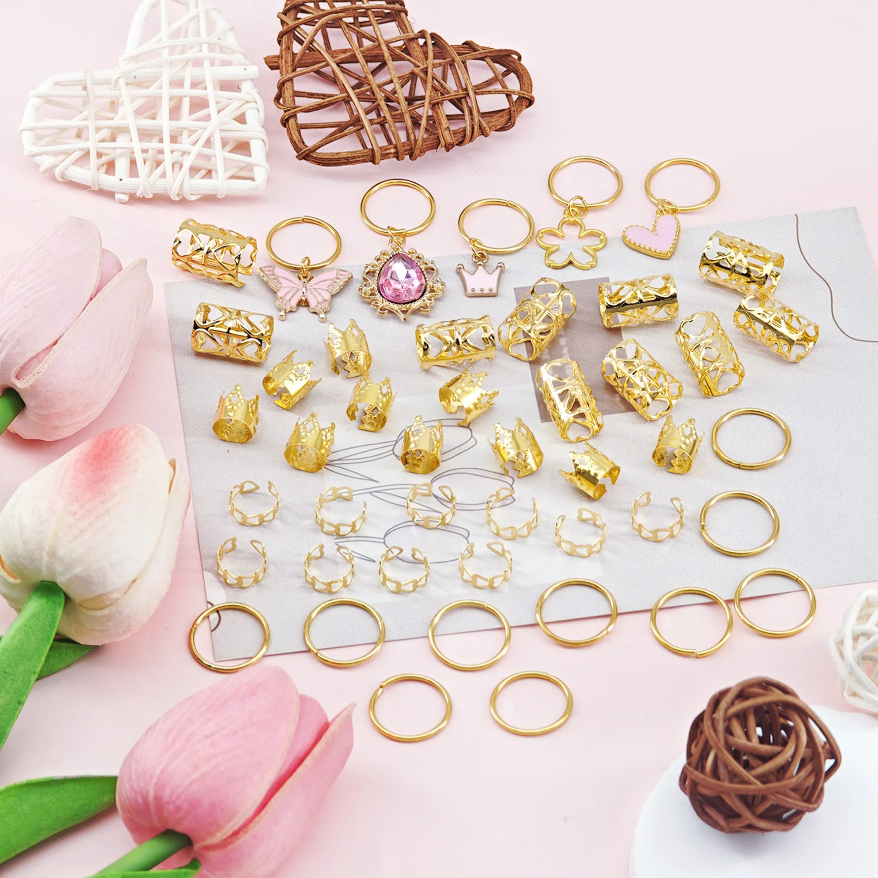45pcs Women's Braid Heart Pendant Hair Accessories,Pink Heart&Butterfuly&Crown Pendant Hair Clips,Valentine's Day Love Hair Ring