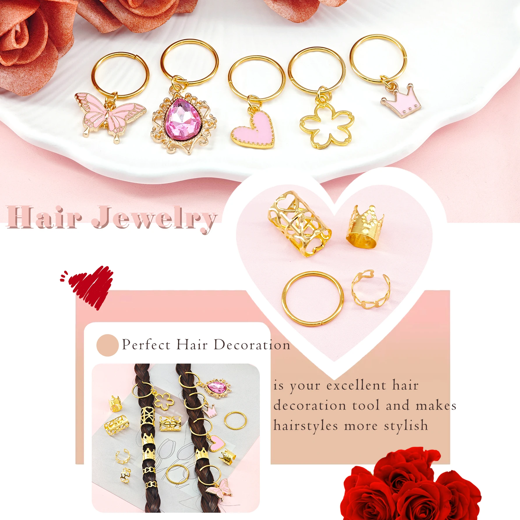 45pcs Women's Braid Heart Pendant Hair Accessories,Pink Heart&Butterfuly&Crown Pendant Hair Clips,Valentine's Day Love Hair Ring