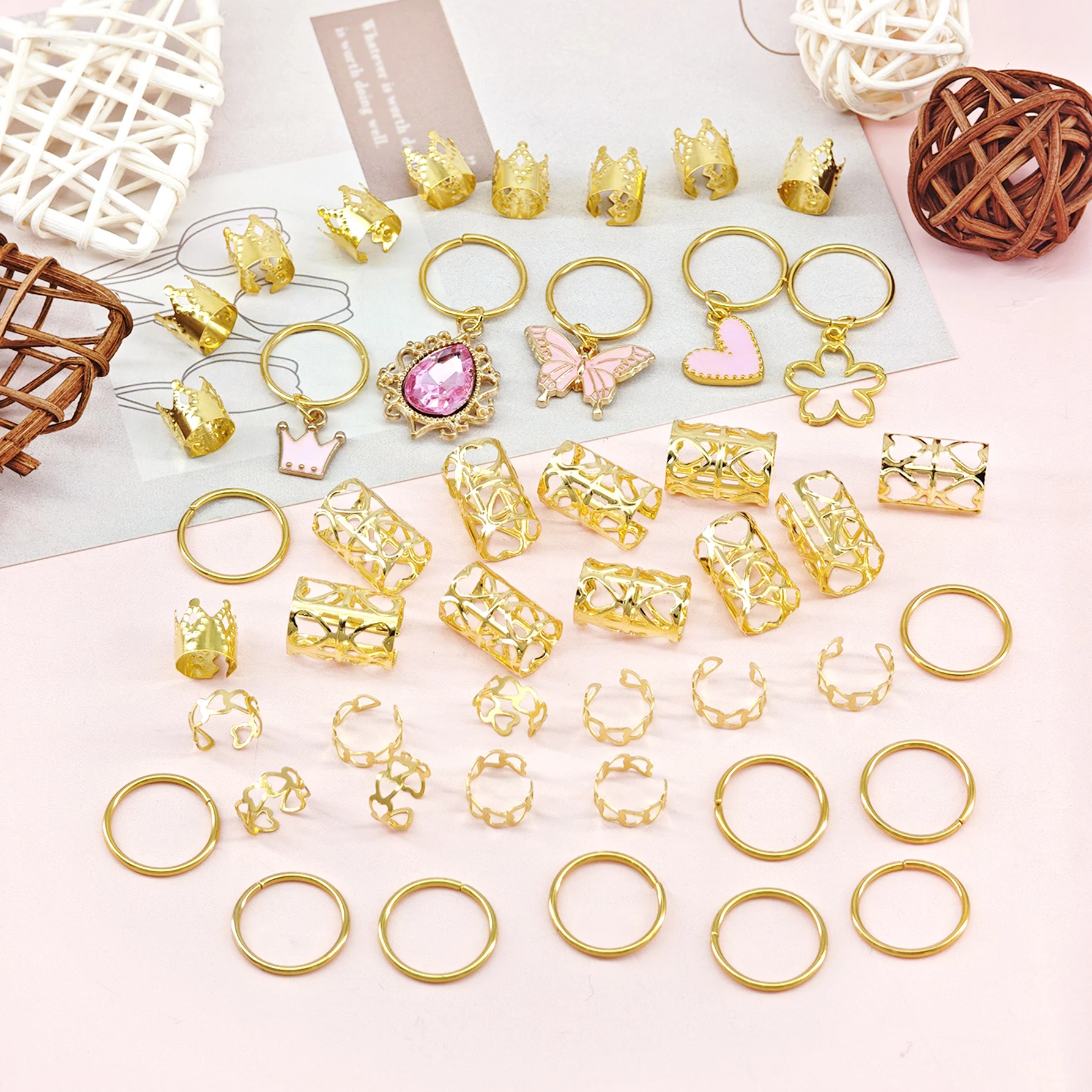 45pcs Women's Braid Heart Pendant Hair Accessories,Pink Heart&Butterfuly&Crown Pendant Hair Clips,Valentine's Day Love Hair Ring