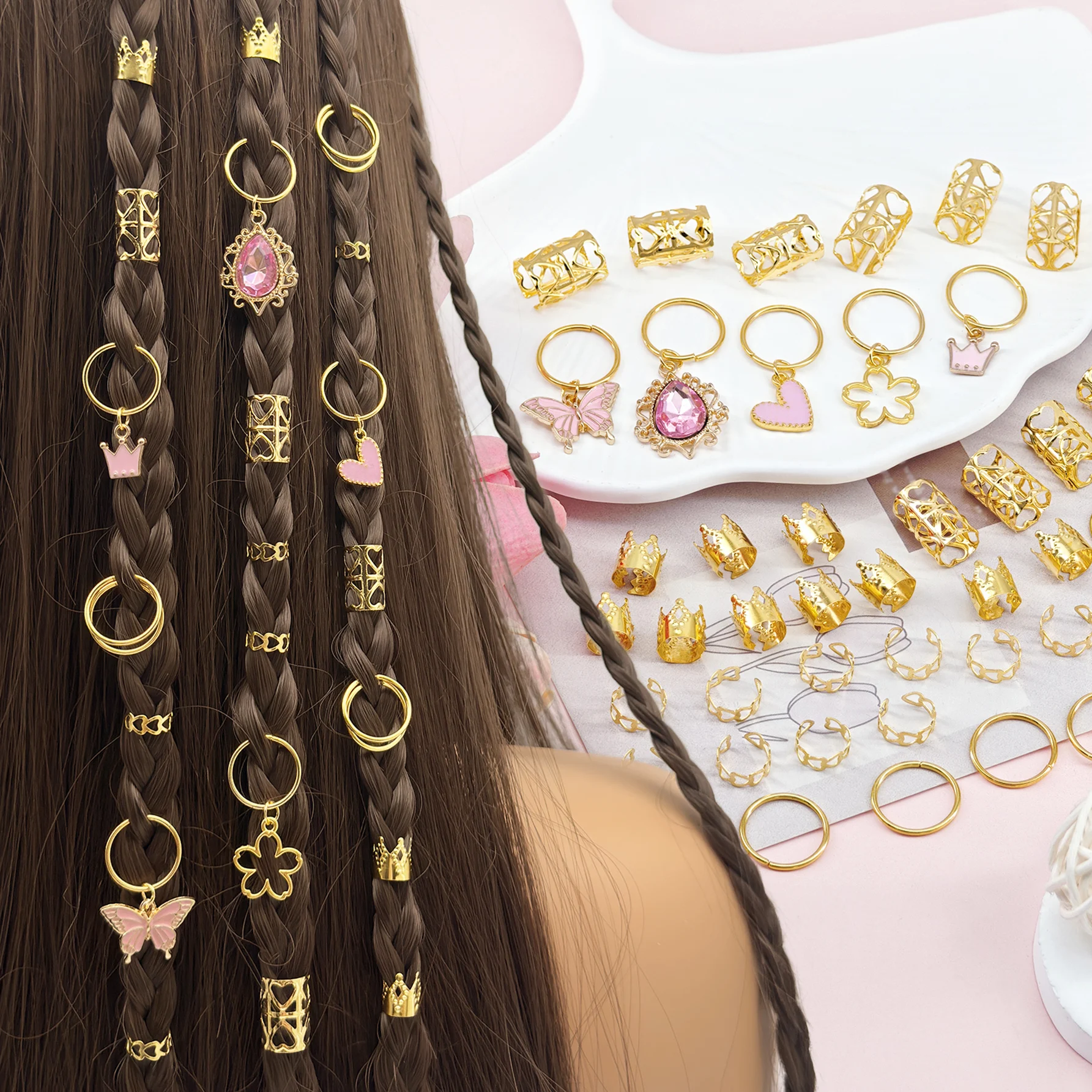 45pcs Women's Braid Heart Pendant Hair Accessories,Pink Heart&Butterfuly&Crown Pendant Hair Clips,Valentine's Day Love Hair Ring