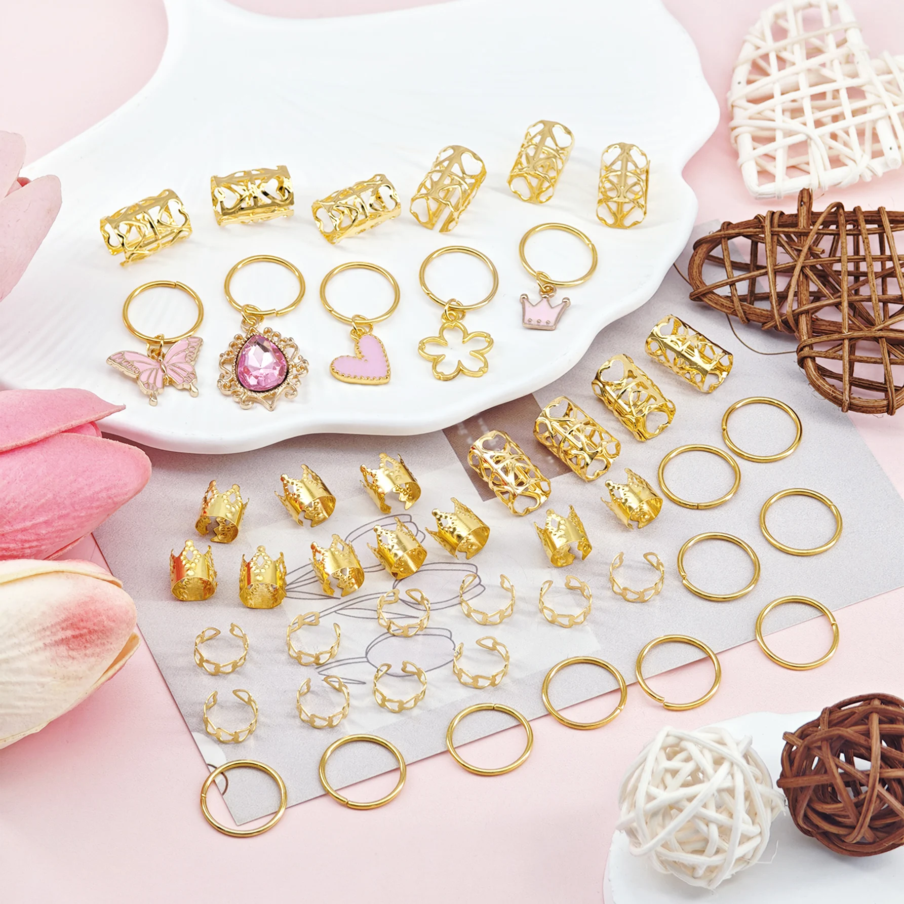 45pcs Women's Braid Heart Pendant Hair Accessories,Pink Heart&Butterfuly&Crown Pendant Hair Clips,Valentine's Day Love Hair Ring