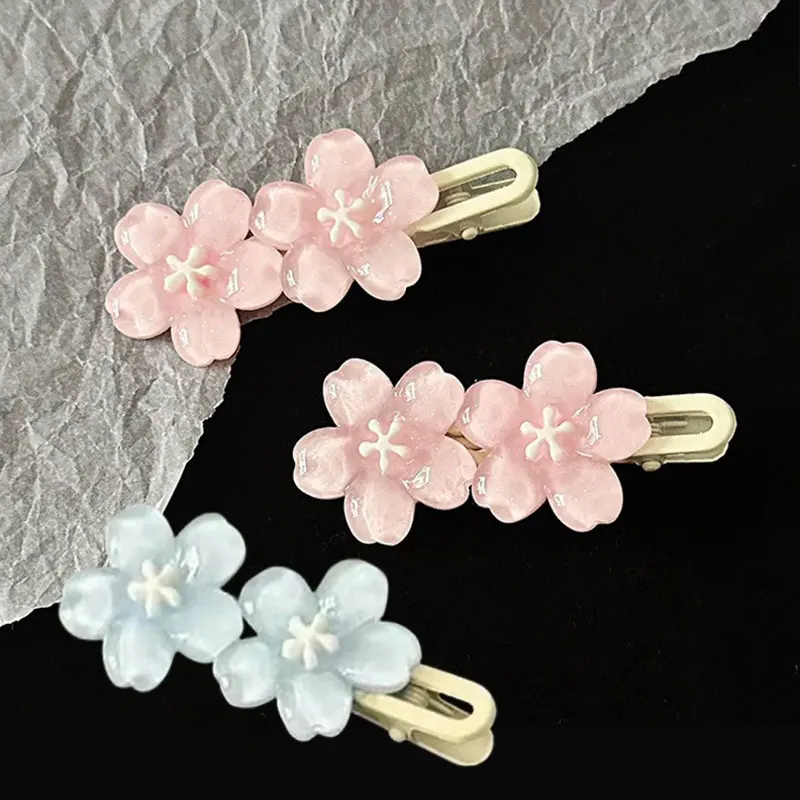 Jelly Cherry Blossom Hair Clips Pink Blue Flower Hairpins for Girl Romantic Wave Side Bangs Barrettes Kawaii BB Hair Accessories