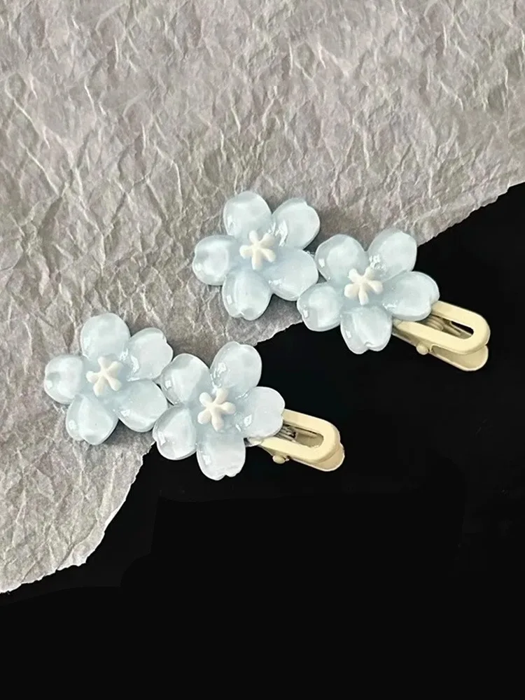 Jelly Cherry Blossom Hair Clips Pink Blue Flower Hairpins for Girl Romantic Wave Side Bangs Barrettes Kawaii BB Hair Accessories