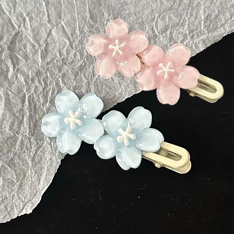 Jelly Cherry Blossom Hair Clips Pink Blue Flower Hairpins for Girl Romantic Wave Side Bangs Barrettes Kawaii BB Hair Accessories