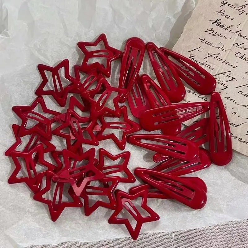 10 Pcs/Lot New Red Star Snap Clips for Girl Waterdrop Barrettes Black Hairpin Women Silver Hair Clip Accessories Kawaii BB Clip