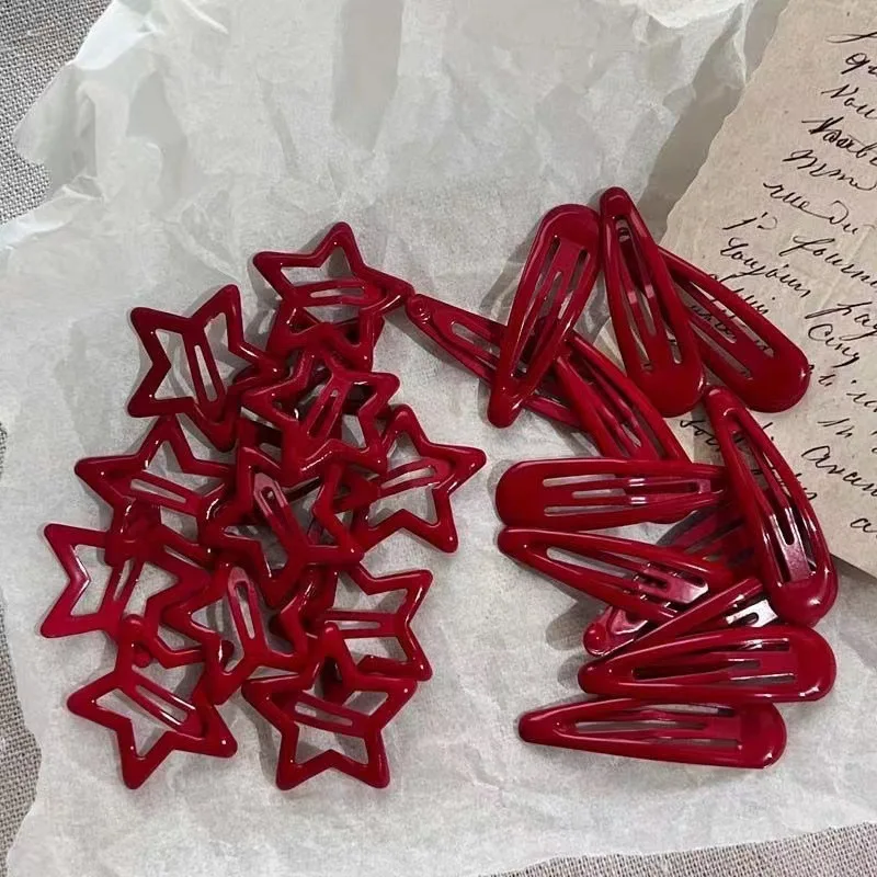 10 Pcs/Lot New Red Star Snap Clips for Girl Waterdrop Barrettes Black Hairpin Women Silver Hair Clip Accessories Kawaii BB Clip