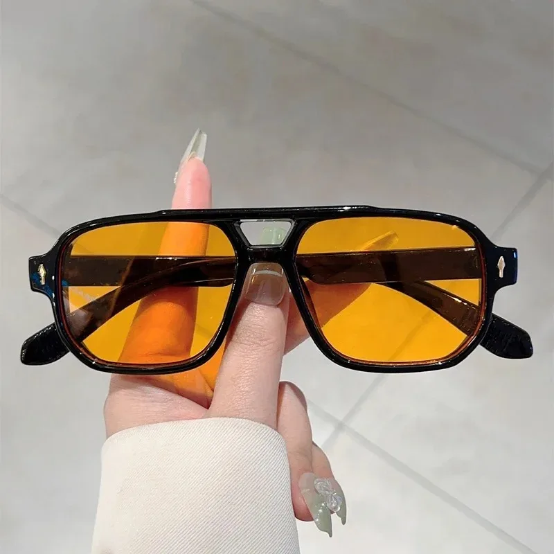 New Vintage Double Bridges Square Sunglasses Fashion Rivets Ocean Lens UV400 Eyewear Women Trending Traveling Sun Glasses