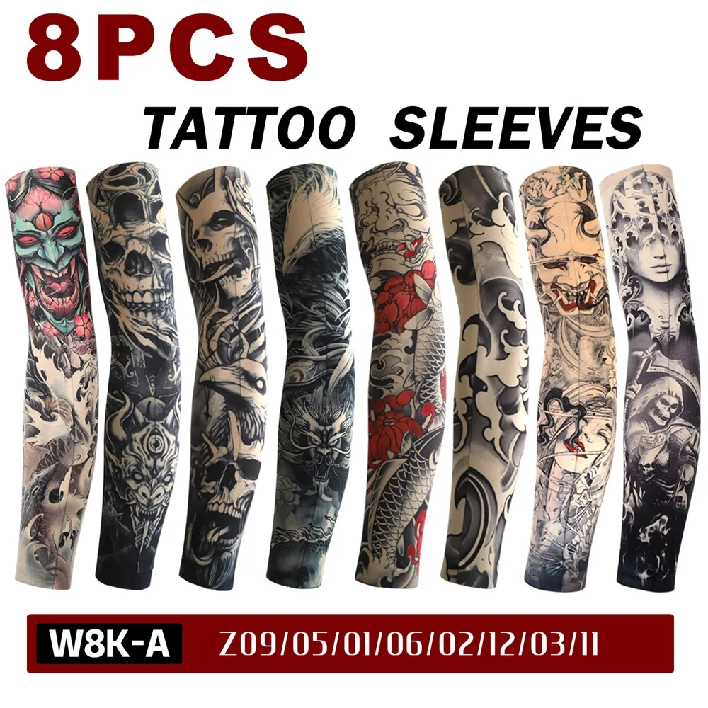 8PCS Fake Temporary Full Arm Tattoo Sleeves UV Protection Stretchy Breathable Sun Sleeves Unisex Outdoor Sports Driving Fishing