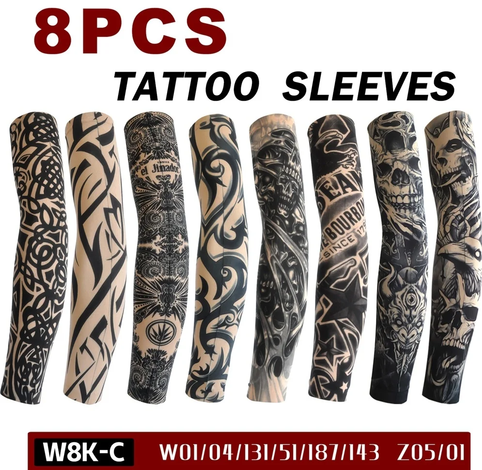 8PCS Fake Temporary Full Arm Tattoo Sleeves UV Protection Stretchy Breathable Sun Sleeves Unisex Outdoor Sports Driving Fishing
