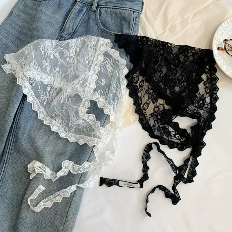 Elegant Black White Lace Head Scarf Korean Dainty Design Multi Purpose Triangle Wrap for Women Girls Chic Headband Daily Wear