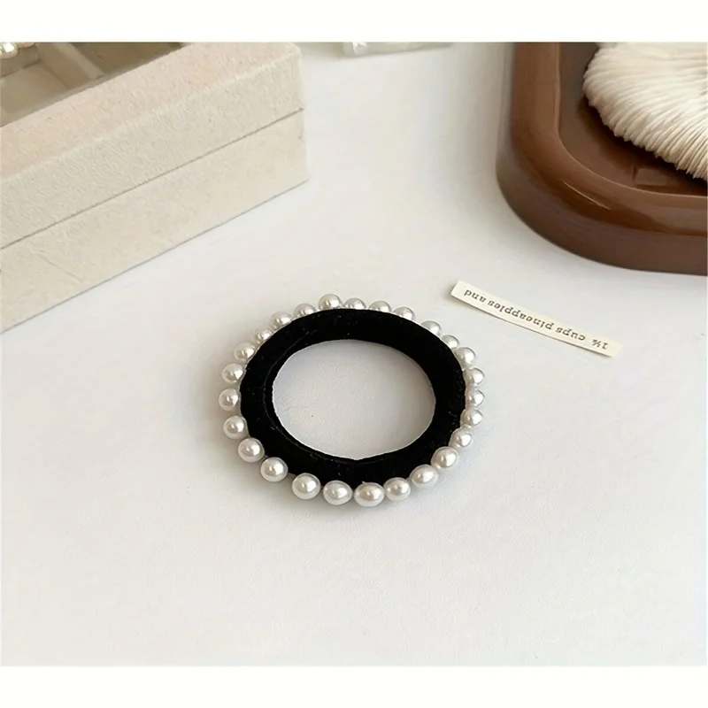 5Pcs Elegant Ladies Hair Band Suit, High Elastic Seamless Fabric, Imitation Pearl Bow Design, Ladies and Girls Love It!