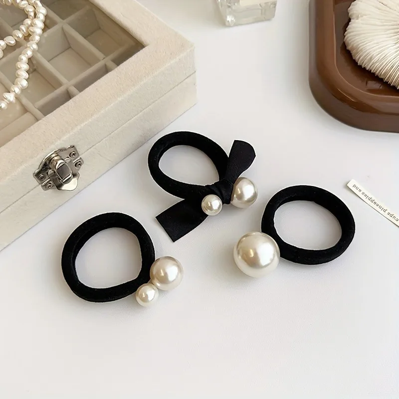 5Pcs Elegant Ladies Hair Band Suit, High Elastic Seamless Fabric, Imitation Pearl Bow Design, Ladies and Girls Love It!