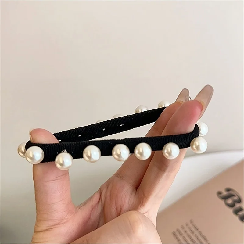 5Pcs Elegant Ladies Hair Band Suit, High Elastic Seamless Fabric, Imitation Pearl Bow Design, Ladies and Girls Love It!