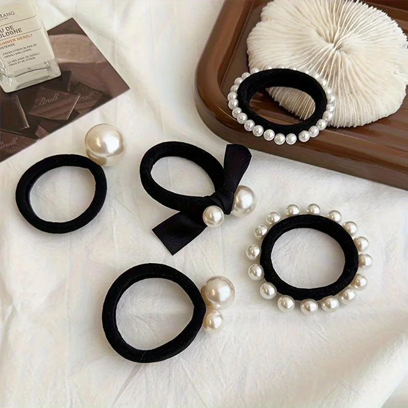 5Pcs Elegant Ladies Hair Band Suit, High Elastic Seamless Fabric, Imitation Pearl Bow Design, Ladies and Girls Love It!