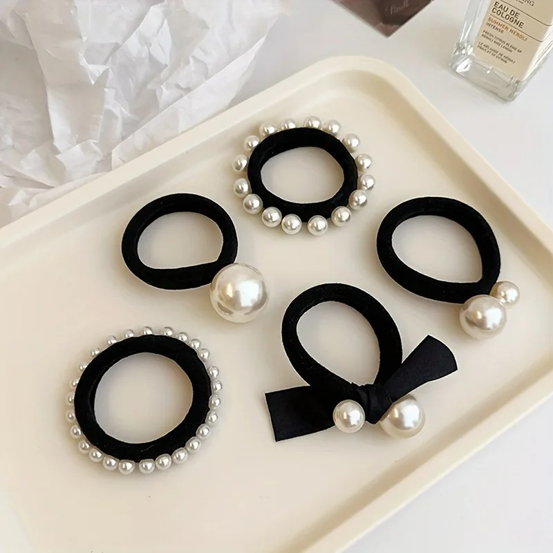 5Pcs Elegant Ladies Hair Band Suit, High Elastic Seamless Fabric, Imitation Pearl Bow Design, Ladies and Girls Love It!