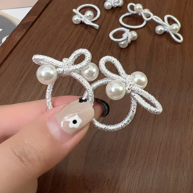 10pcs children's braided rubber band Korean silver pearl bow headband without damaging hair Small Thumb Hoop Baby headband