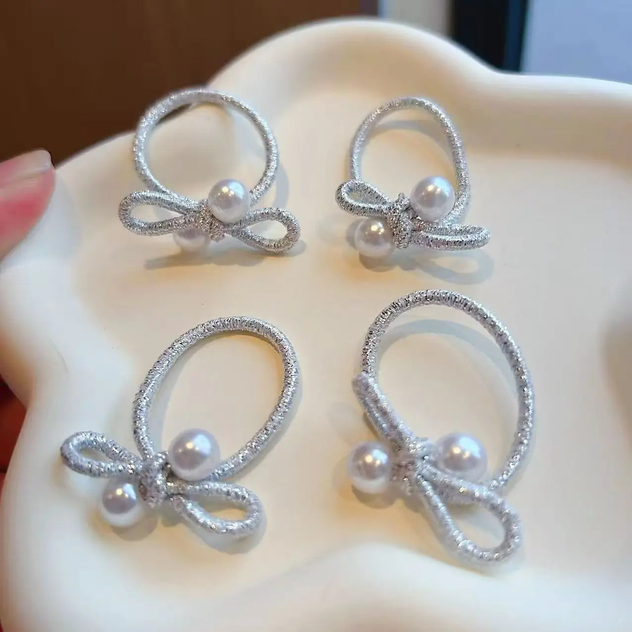 10pcs children's braided rubber band Korean silver pearl bow headband without damaging hair Small Thumb Hoop Baby headband