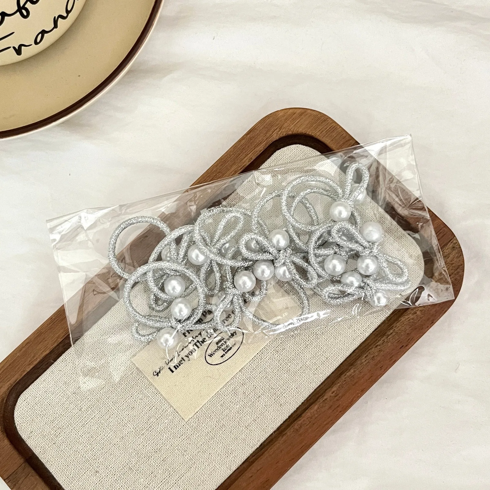 10pcs children's braided rubber band Korean silver pearl bow headband without damaging hair Small Thumb Hoop Baby headband