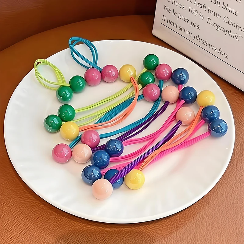Candy Color Ball Hair Ties for Girls Cute Princess Long Elastic Hair Rope Colorful Beaded Ponytail Holders Kids Baby Hair Bands
