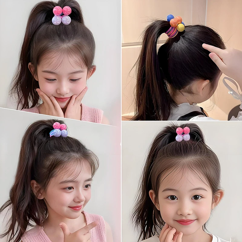 Candy Color Ball Hair Ties for Girls Cute Princess Long Elastic Hair Rope Colorful Beaded Ponytail Holders Kids Baby Hair Bands