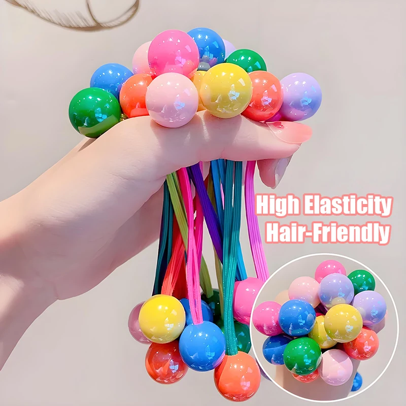 Candy Color Ball Hair Ties for Girls Cute Princess Long Elastic Hair Rope Colorful Beaded Ponytail Holders Kids Baby Hair Bands