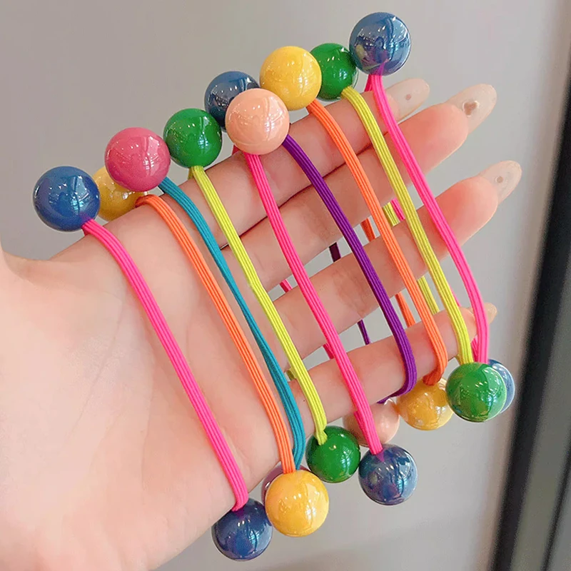 Candy Color Ball Hair Ties for Girls Cute Princess Long Elastic Hair Rope Colorful Beaded Ponytail Holders Kids Baby Hair Bands