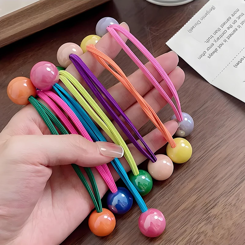 Candy Color Ball Hair Ties for Girls Cute Princess Long Elastic Hair Rope Colorful Beaded Ponytail Holders Kids Baby Hair Bands