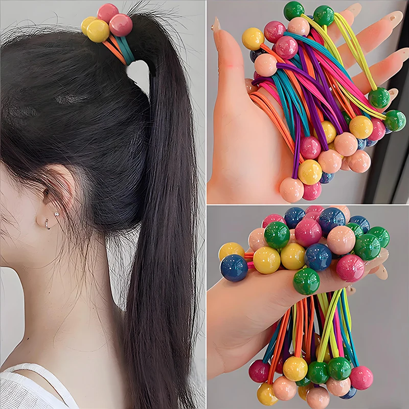Candy Color Ball Hair Ties for Girls Cute Princess Long Elastic Hair Rope Colorful Beaded Ponytail Holders Kids Baby Hair Bands
