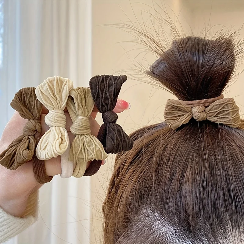 Sweet Style Bow Hair Ties Set for Women High Elasticity Fabric Ponytail Holders with Solid Color Bowknot - Minimalist Hair