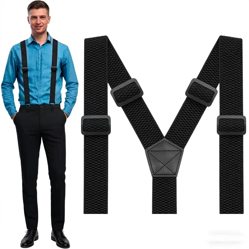 Adjustable Elastic Trouser Pants Braces-Black Heavy Duty Work Suspenders for Men 3.8cm Wide Y-back with Plastic Gripper Clasps