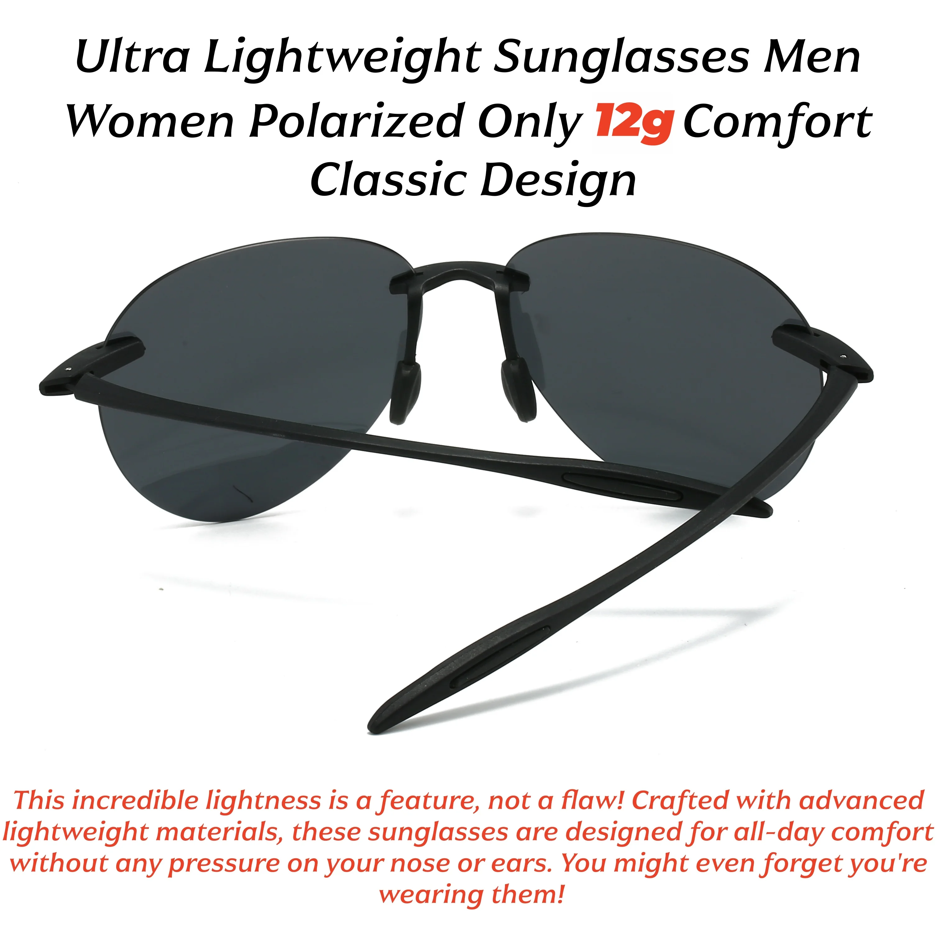 Ultra Light 12g TR90 Frameless Polarized Aviator Sunglasses - Flexible & Comfort Fit Unisex for Driving, Fishing, Outdoor