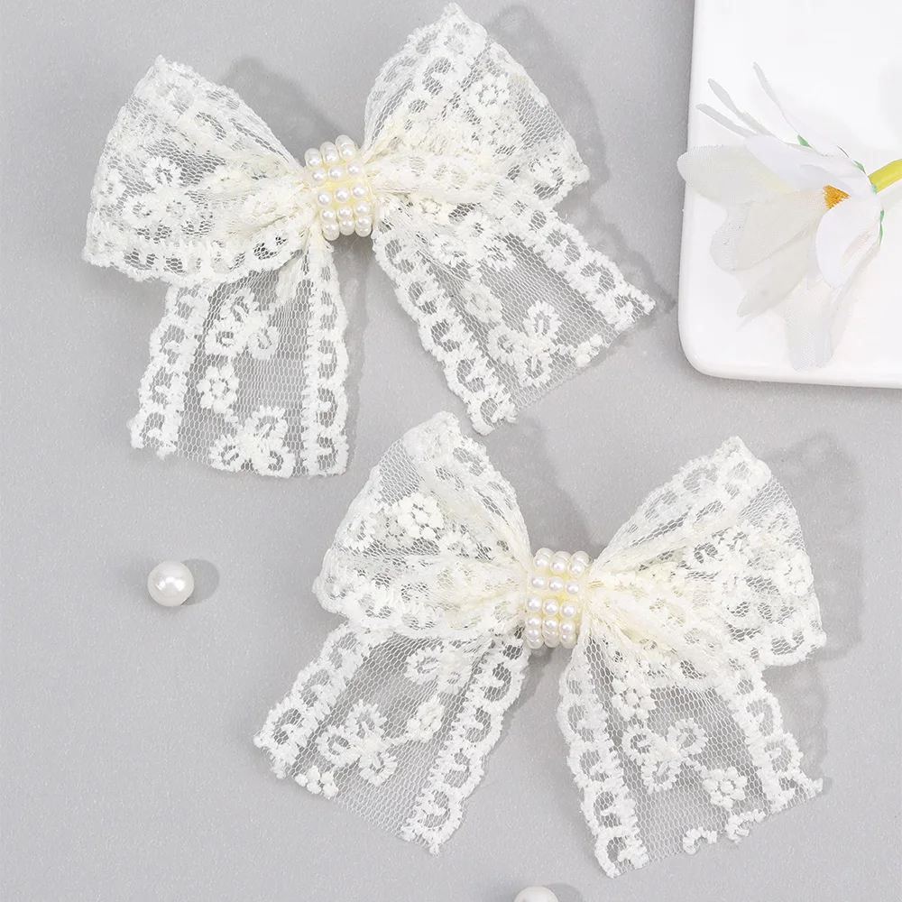 2Pcs Flower Lace Bow Hair Clips For Girls Sweet Pearls Hairpins Floral Embroidery Barrette Children Kids Headwear Accessories