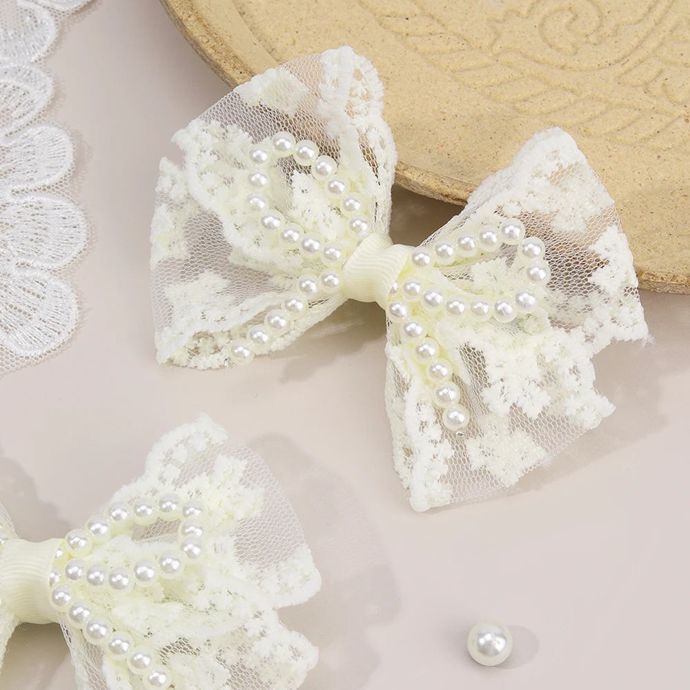 2Pcs Flower Lace Bow Hair Clips For Girls Sweet Pearls Hairpins Floral Embroidery Barrette Children Kids Headwear Accessories
