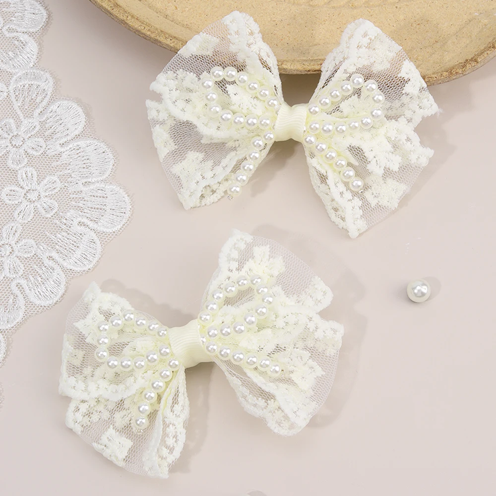 2Pcs Flower Lace Bow Hair Clips For Girls Sweet Pearls Hairpins Floral Embroidery Barrette Children Kids Headwear Accessories